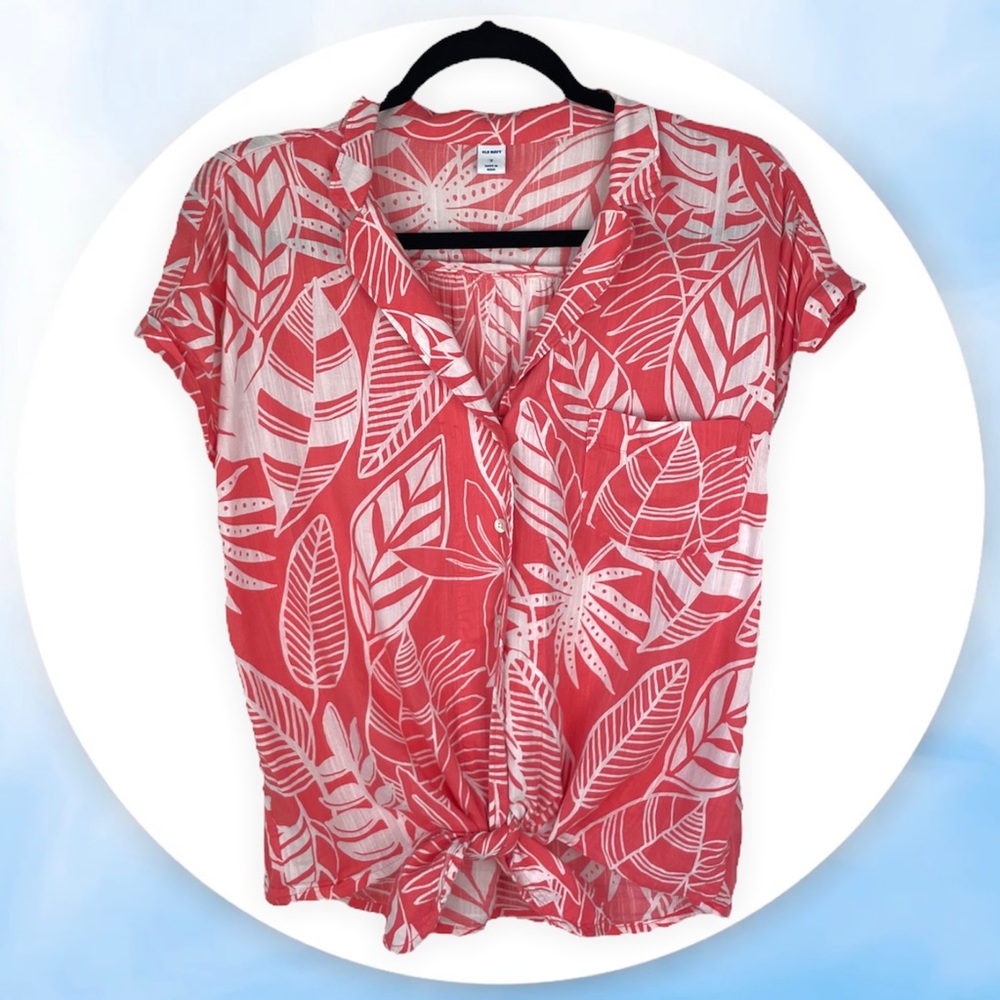 Old Navy Pink Palm Print Notch Shirt Tie Front